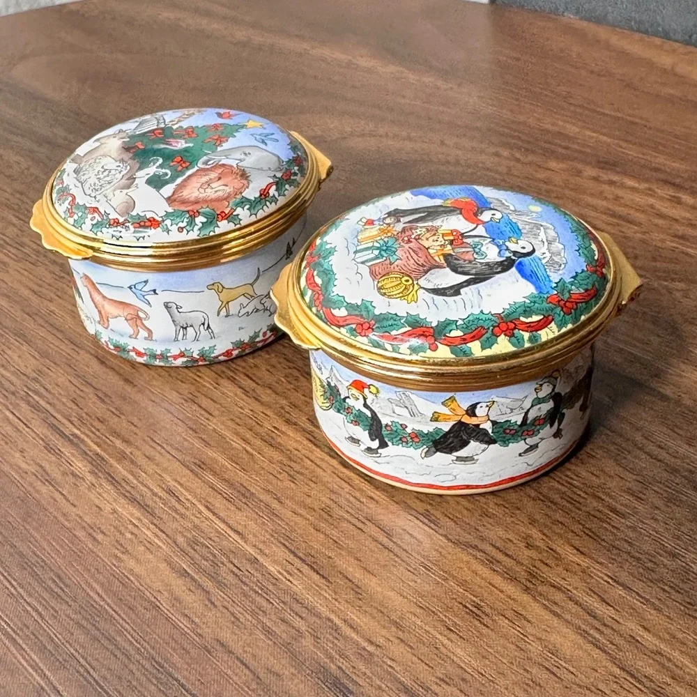Halcyon Days Enamels Neiman Marcus Christmas Trinket Boxes 1993 1996 Set of 2